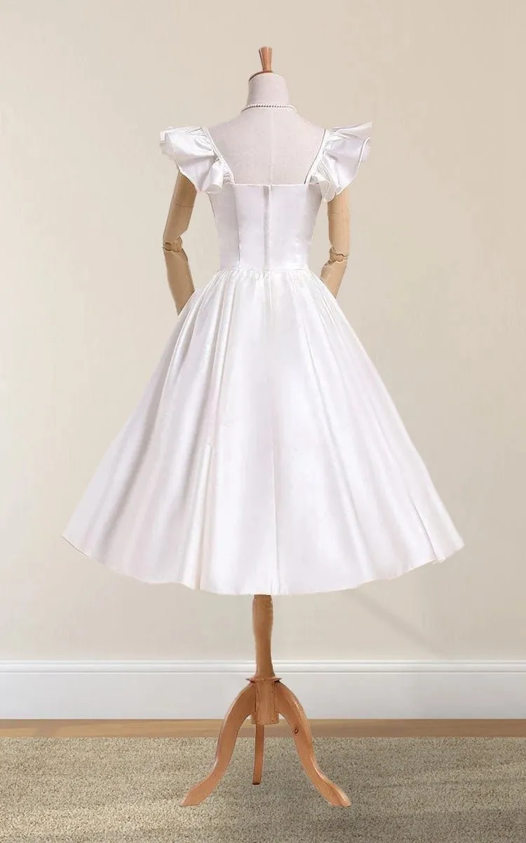 Scalloped Tea-Length Satin Wedding Dresses with Pleats