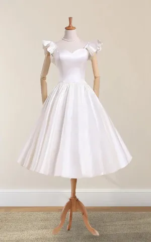 Scalloped Tea-Length Satin Wedding Dresses with Pleats