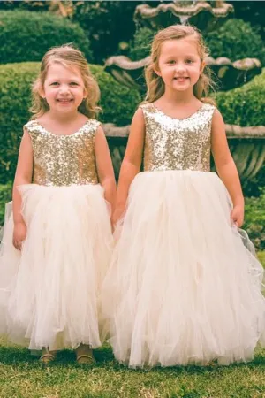 Scoop Neck Gold Sequin Wedding Party Dress for Children