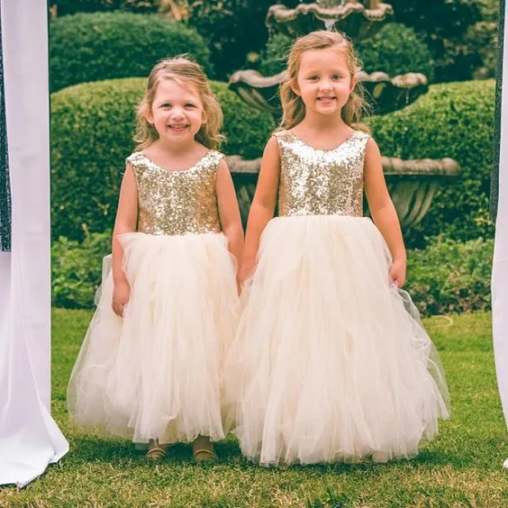 Scoop Neck Gold Sequin Wedding Party Dress for Children