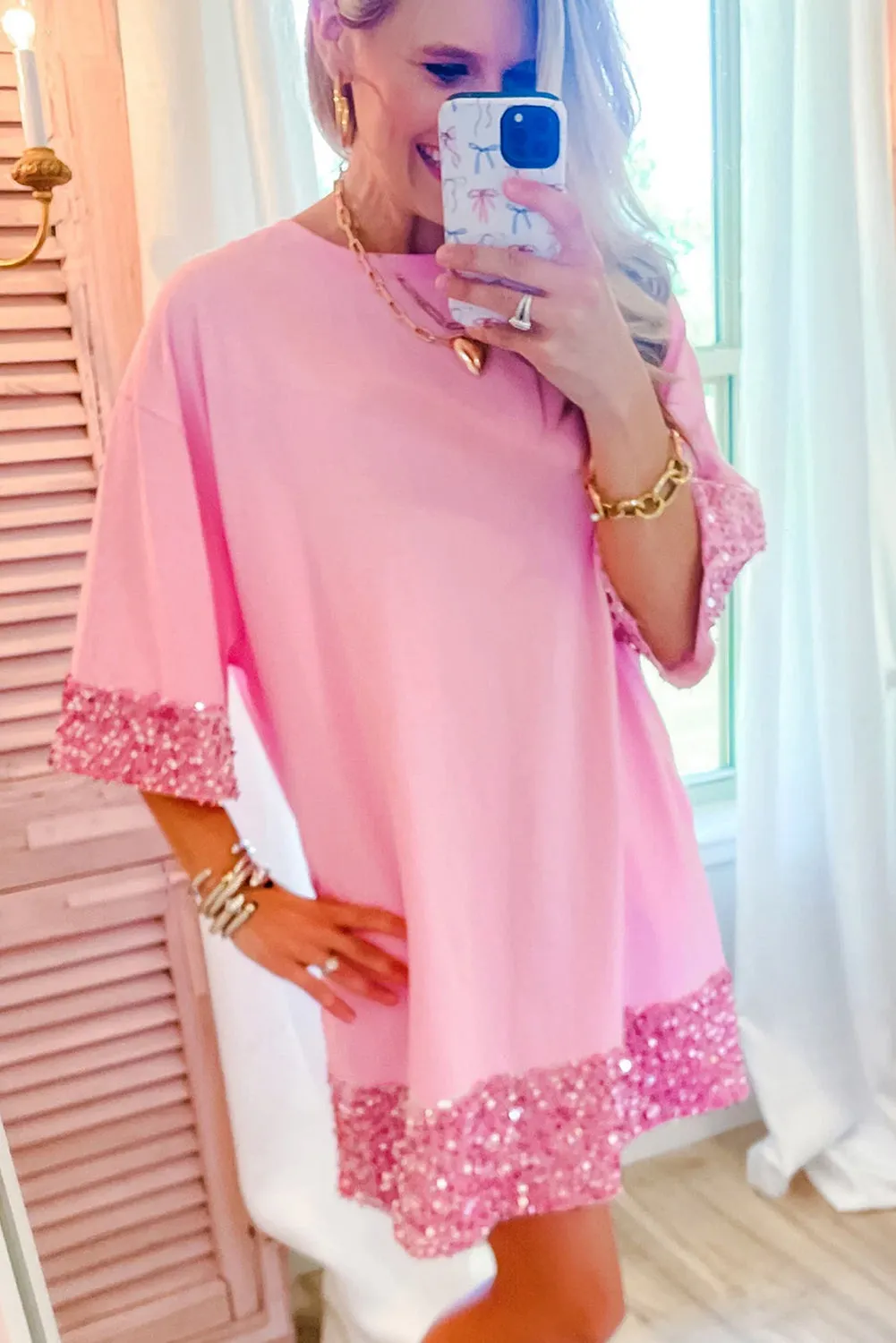 Sequin Trim Shift Dress with Crew Neck and Bracelet Sleeves