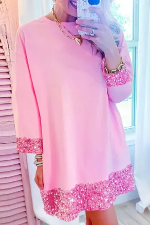 Sequin Trim Shift Dress with Crew Neck and Bracelet Sleeves