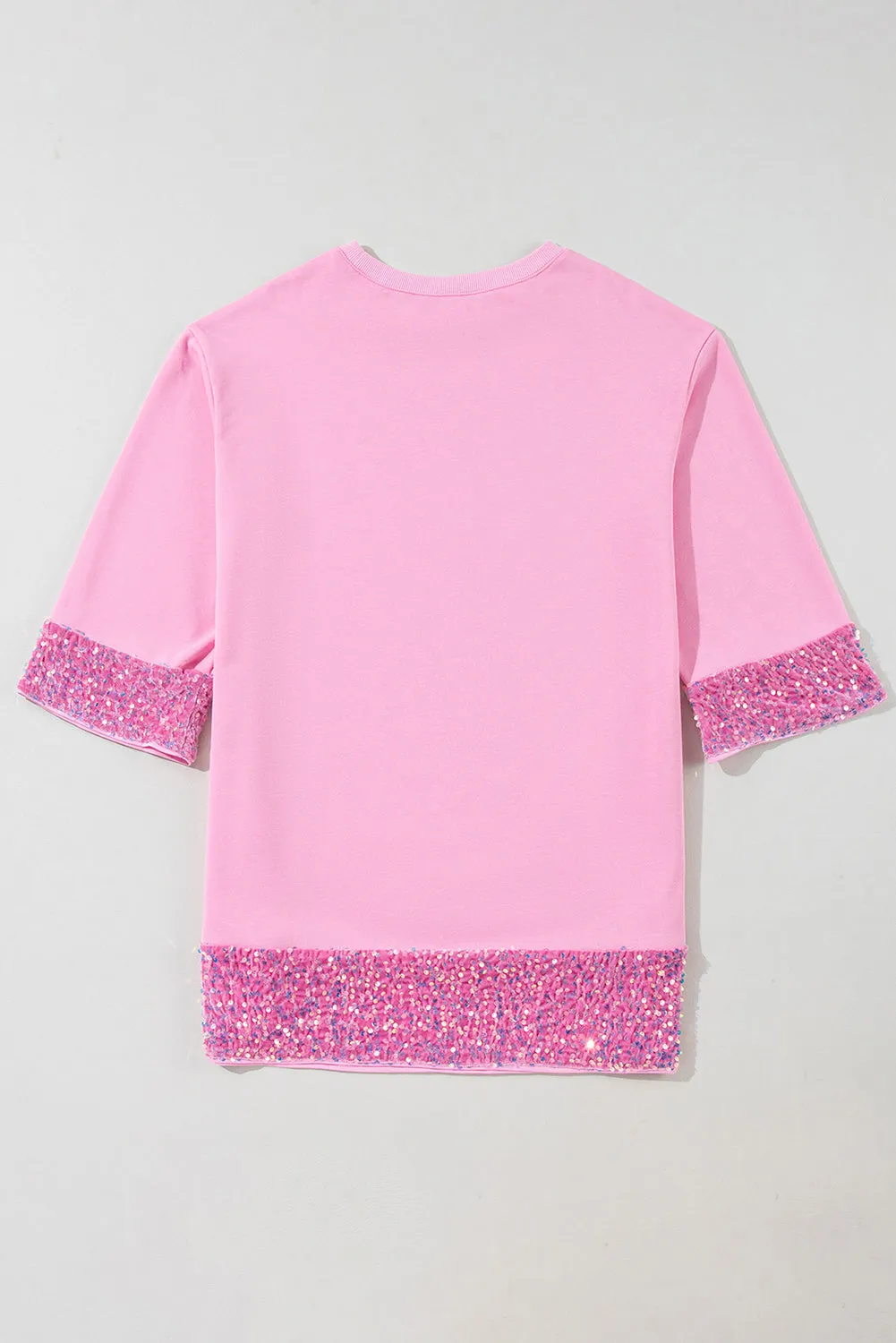 Sequin Trim Shift Dress with Crew Neck and Bracelet Sleeves