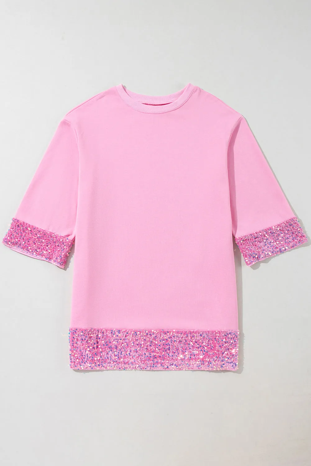 Sequin Trim Shift Dress with Crew Neck and Bracelet Sleeves