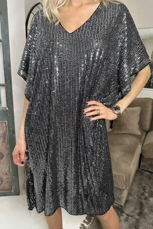 Sequin V-Neck Dolman Shift Dress
