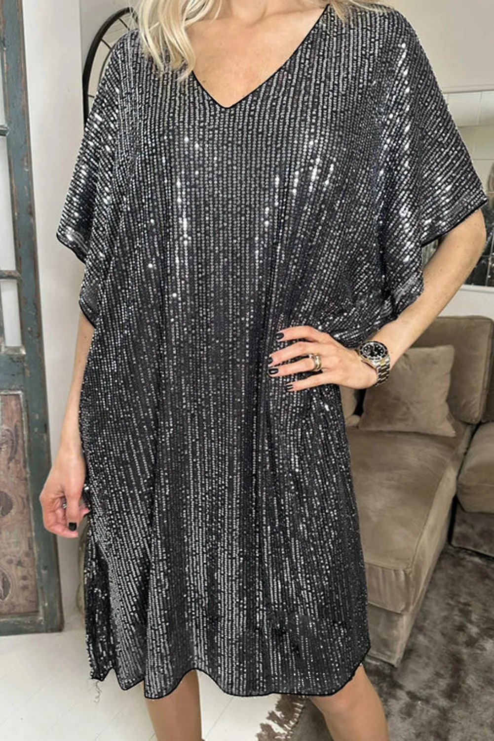 Sequin V-Neck Dolman Shift Dress