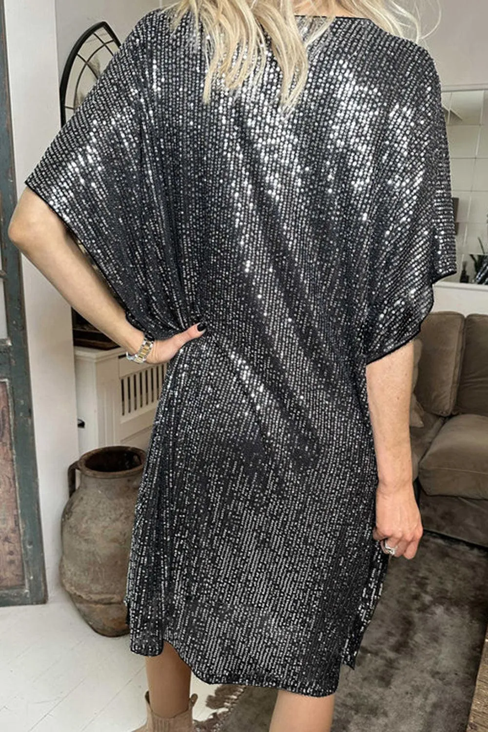 Sequin V-Neck Dolman Shift Dress