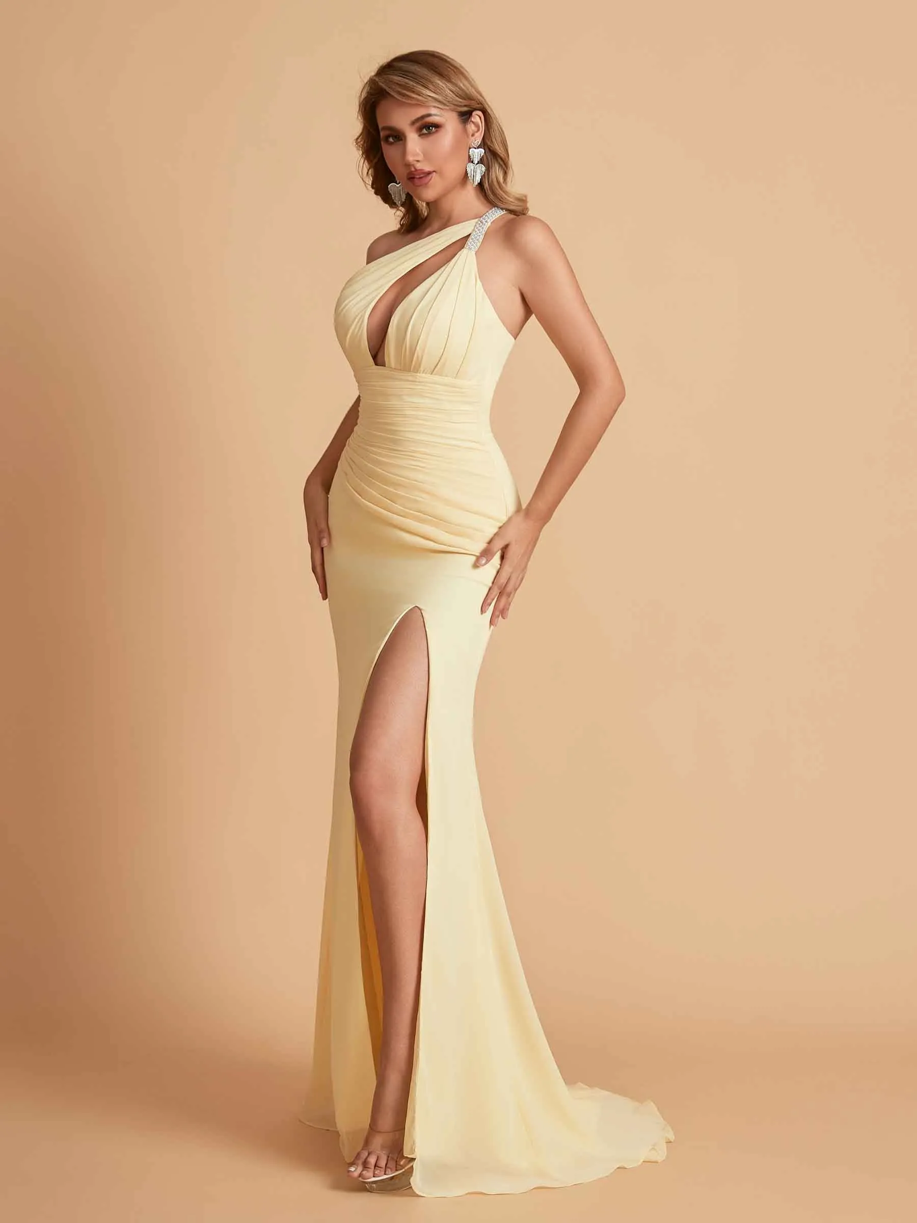 Sexy Mermaid One Shoulder Key Hole Bridesmaid Dresses Floor Length Bridal Party Dresses