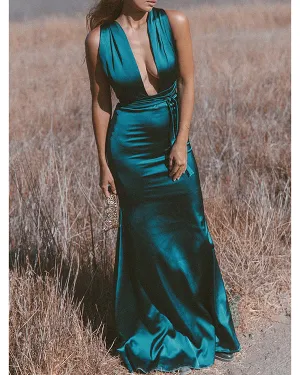 Sexy Plunge V-Neckline Sheath Prom Dresses Criss Back Elastic Satin Long Evening Gowns