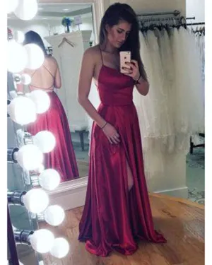 Sexy Spaghetti Straps Dark Red Prom Dresses 2018 Split Side Long Party Gowns Evening