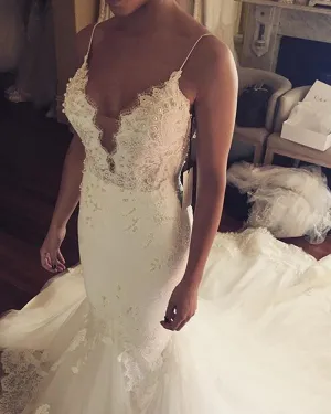 Sexy Tulle Wedding Dress Mermaid Lace Appliques Bodice Corset Back Spaghetti Straps Wedding Gown