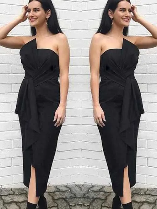 Sheath Bow Strapless Split Black Tea-length Bridesmaid Dresses, Fashion Outfits,MBD127