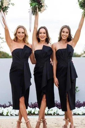 Sheath Bow Strapless Split Black Tea-length Bridesmaid Dresses, Fashion Outfits,MBD127