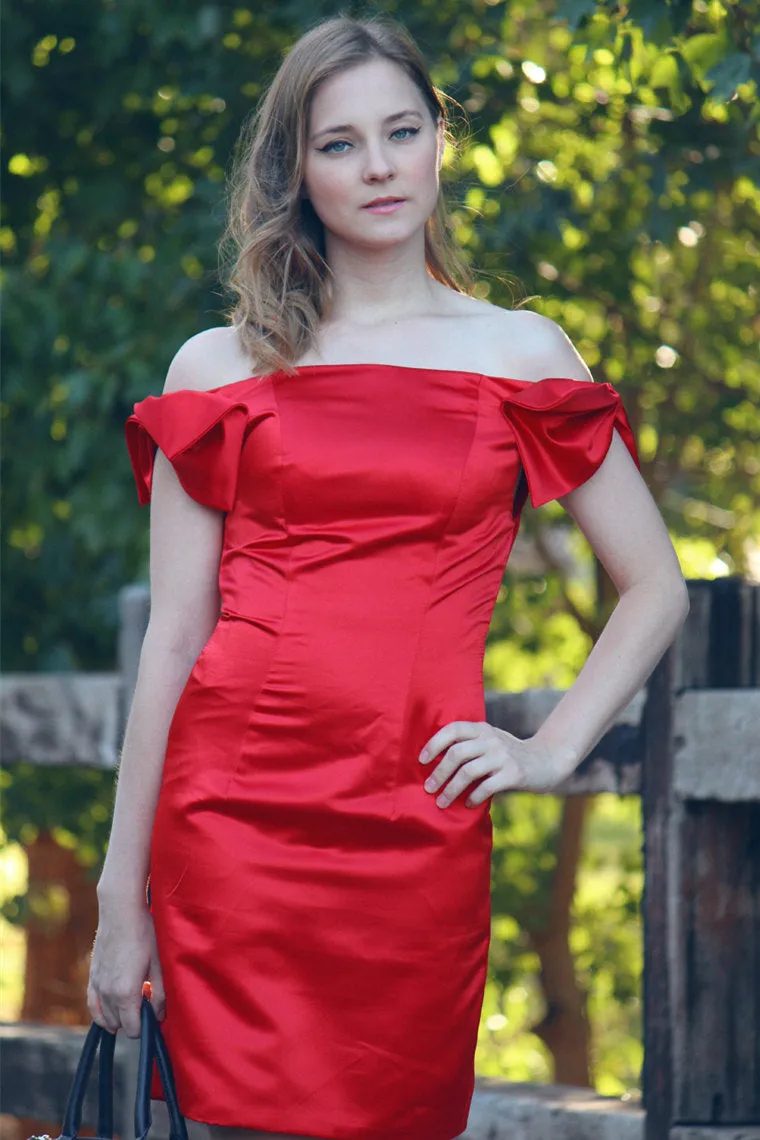 Sheath Off-the-shoulder Knee Length Charmuse Sleeveless Prom Dress