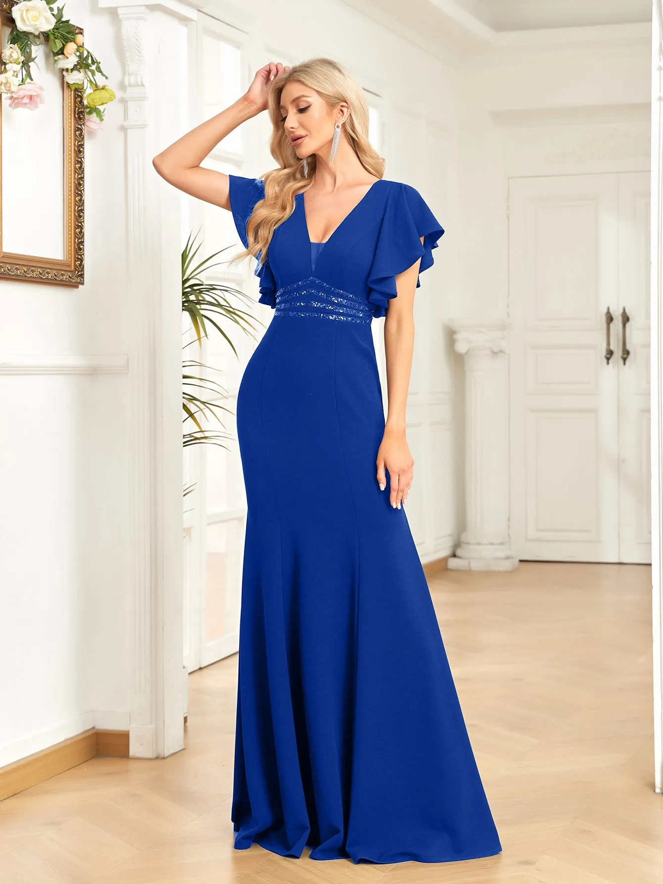 Sheath/Column V-Neck Floor-Length Stretch Crepe Evening Dress With Pleated Sequins Beading