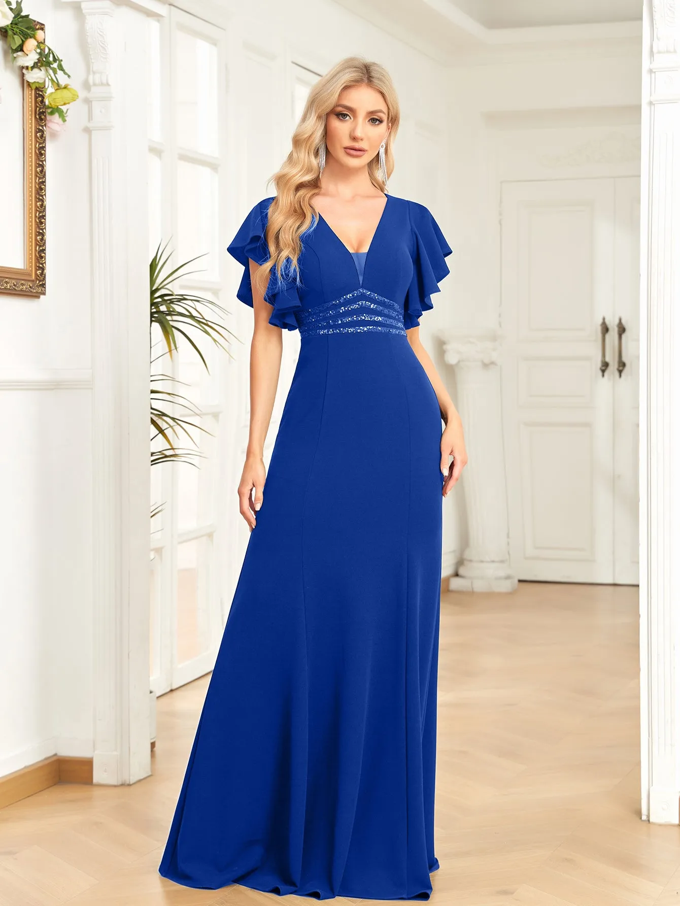 Sheath/Column V-Neck Floor-Length Stretch Crepe Evening Dress With Pleated Sequins Beading