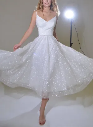 Shiny A-line V-Neck Sleeveless Little Sequined Wedding Dresses