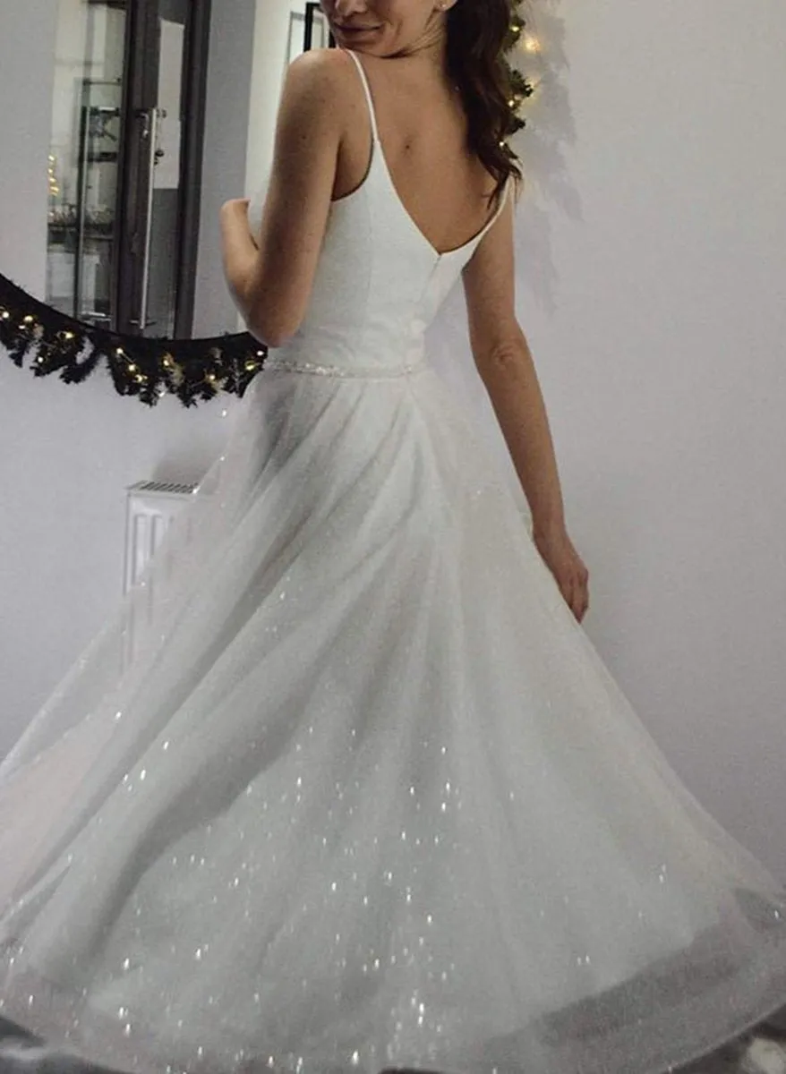 Shiny A-line V-Neck Sleeveless Little Sequined Wedding Dresses