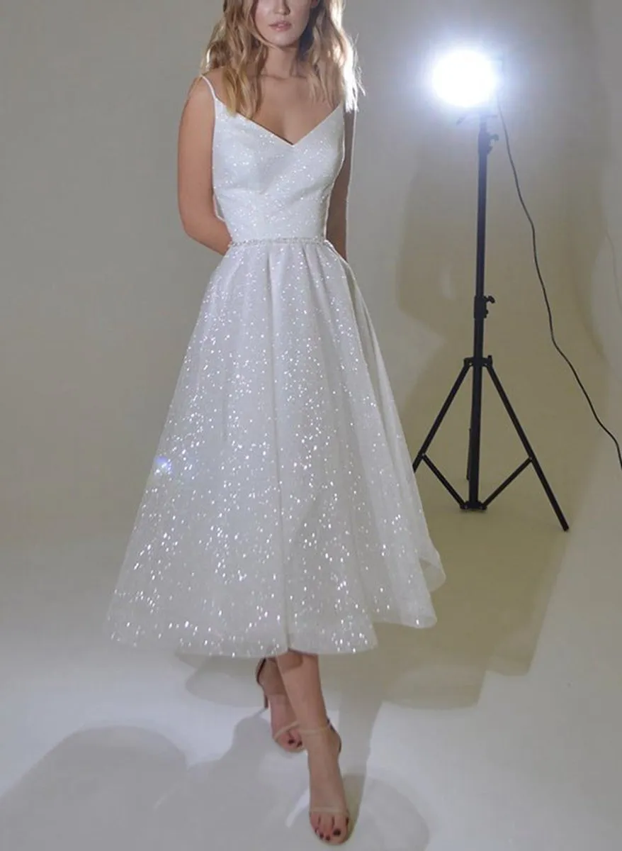 Shiny A-line V-Neck Sleeveless Little Sequined Wedding Dresses