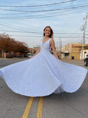 Shiny Sequins V Neck White Long Prom Dresses, V Neck Ivory Formal Evening Dresses