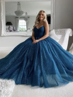 Shiny Spaghetti Straps V Neck Blue Long Prom Dresses, V Neck Blue Formal Evening Dresses, Blue Ball Gown