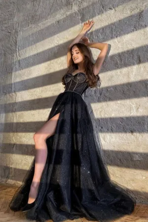 Shiny Tulle Floor Length Prom Dresses Evening Dresses with Slit