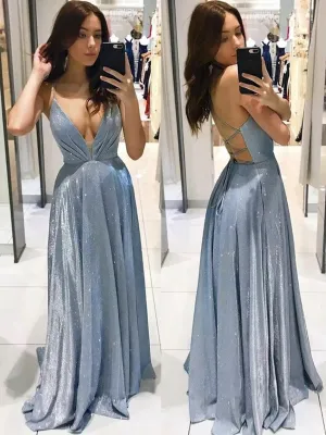Shiny V Neck Backless Blue Long Prom, Open Back Blue Formal Graduation Evening