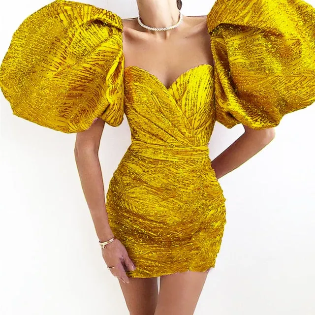 Short Evening Dresses Sweetheart Shiny Puff Sleeves Formal