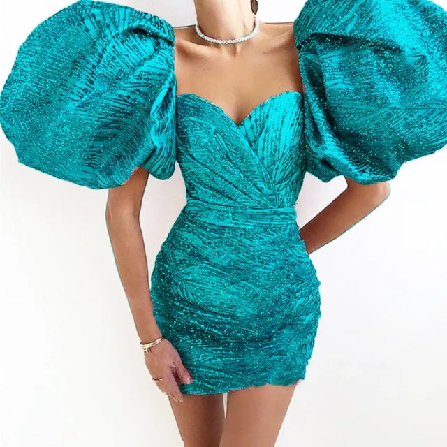 Short Evening Dresses Sweetheart Shiny Puff Sleeves Formal