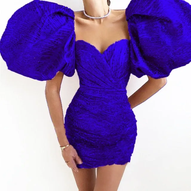 Short Evening Dresses Sweetheart Shiny Puff Sleeves Formal