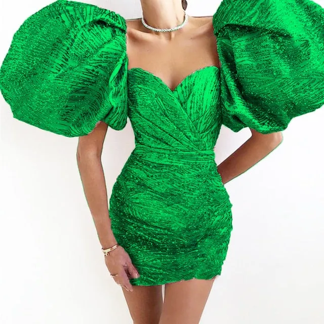 Short Evening Dresses Sweetheart Shiny Puff Sleeves Formal