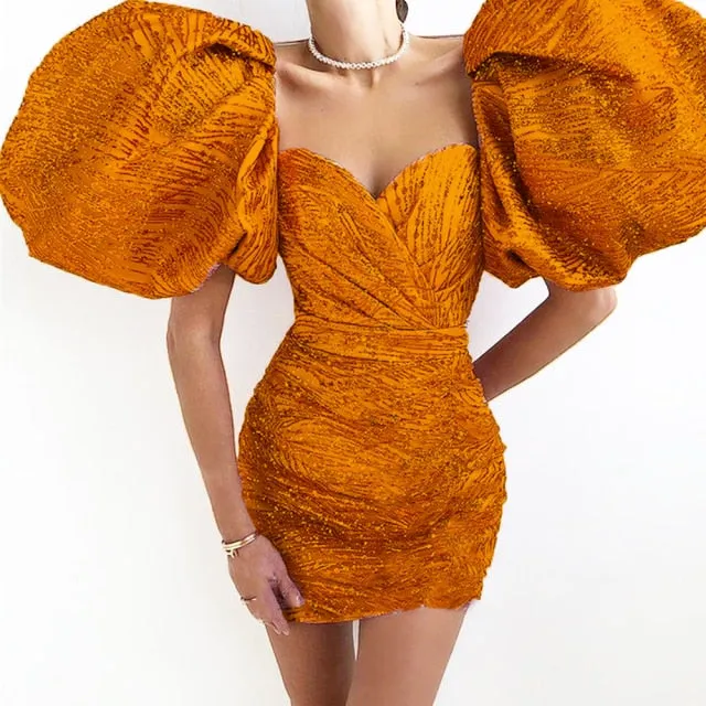 Short Evening Dresses Sweetheart Shiny Puff Sleeves Formal