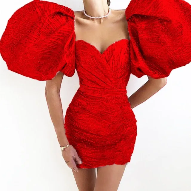 Short Evening Dresses Sweetheart Shiny Puff Sleeves Formal