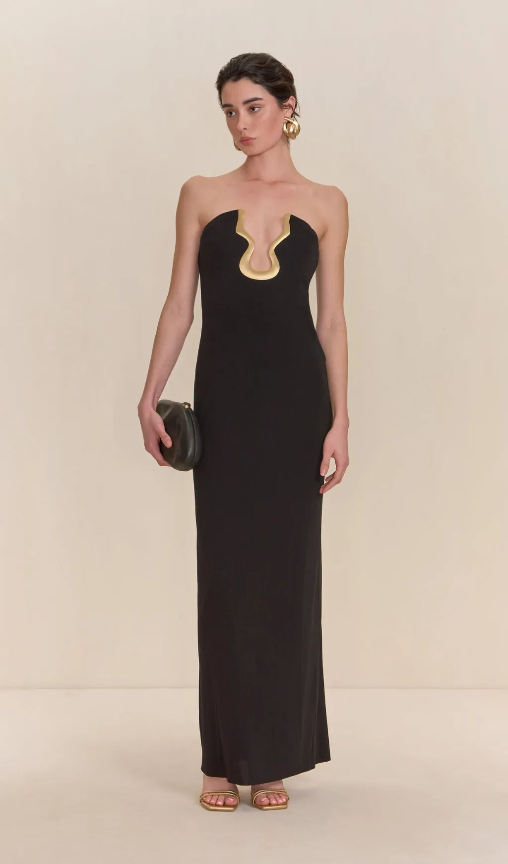 signature gold hardware cutout strapless column gown in black
