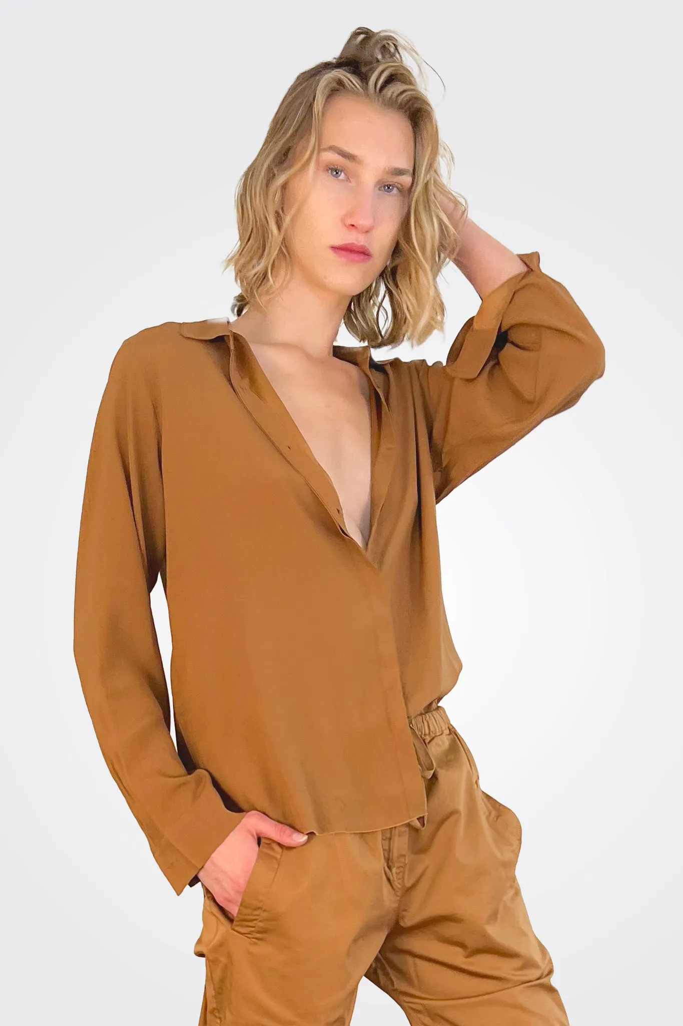 Silk Satin Shirt - Camel
