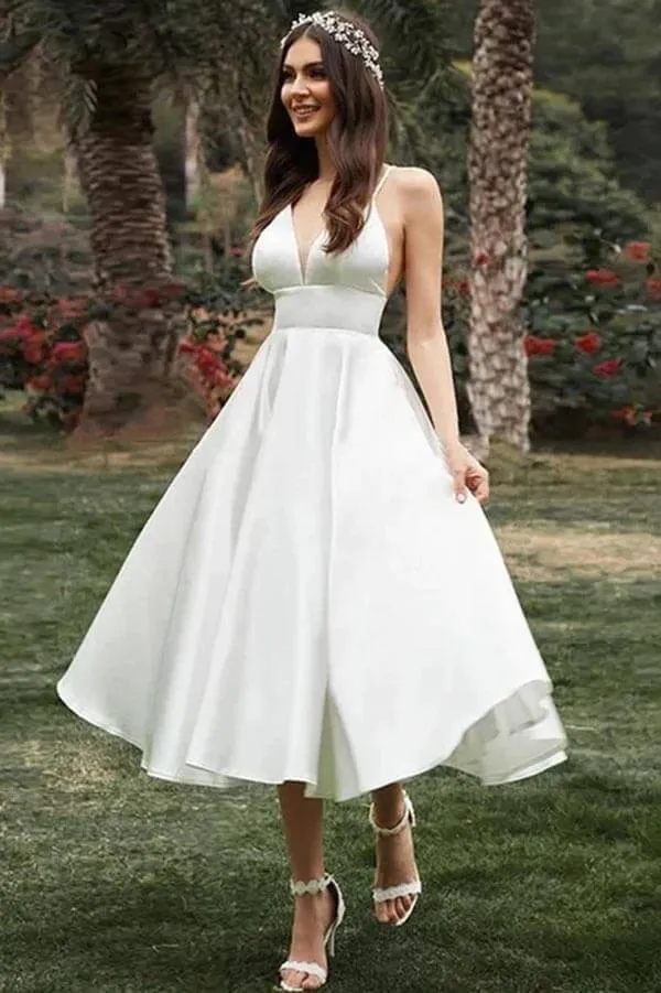 Simple A-line Spaghetti Straps Tea Length Wedding Dress, Bridal Gown, MW916