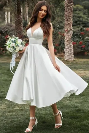 Simple A-line Spaghetti Straps Tea Length Wedding Dress, Bridal Gown, MW916