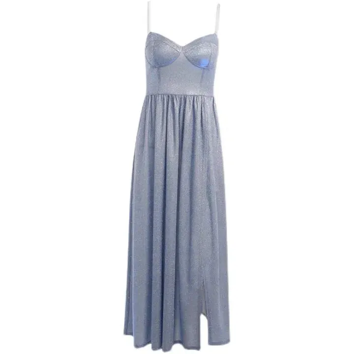 Simple Glitter Midi Prom Dresses A Line Slit Formal Wedding Party Gowns Spaghetti Strap Tea-Length Homecoming Gowns