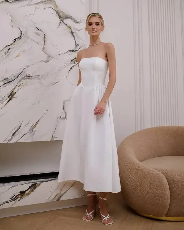 Simple Strapless Tea Length Satin A Line Wedding Dresses Custom Made Bridal Grown 2025 Vestido De Noival