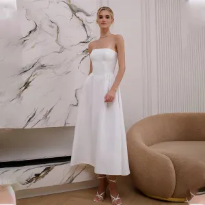 Simple Strapless Tea Length Satin A Line Wedding Dresses Custom Made Bridal Grown 2025 Vestido De Noival