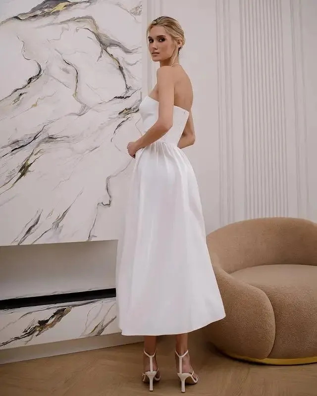 Simple Strapless Tea Length Satin A Line Wedding Dresses Custom Made Bridal Grown 2025 Vestido De Noival