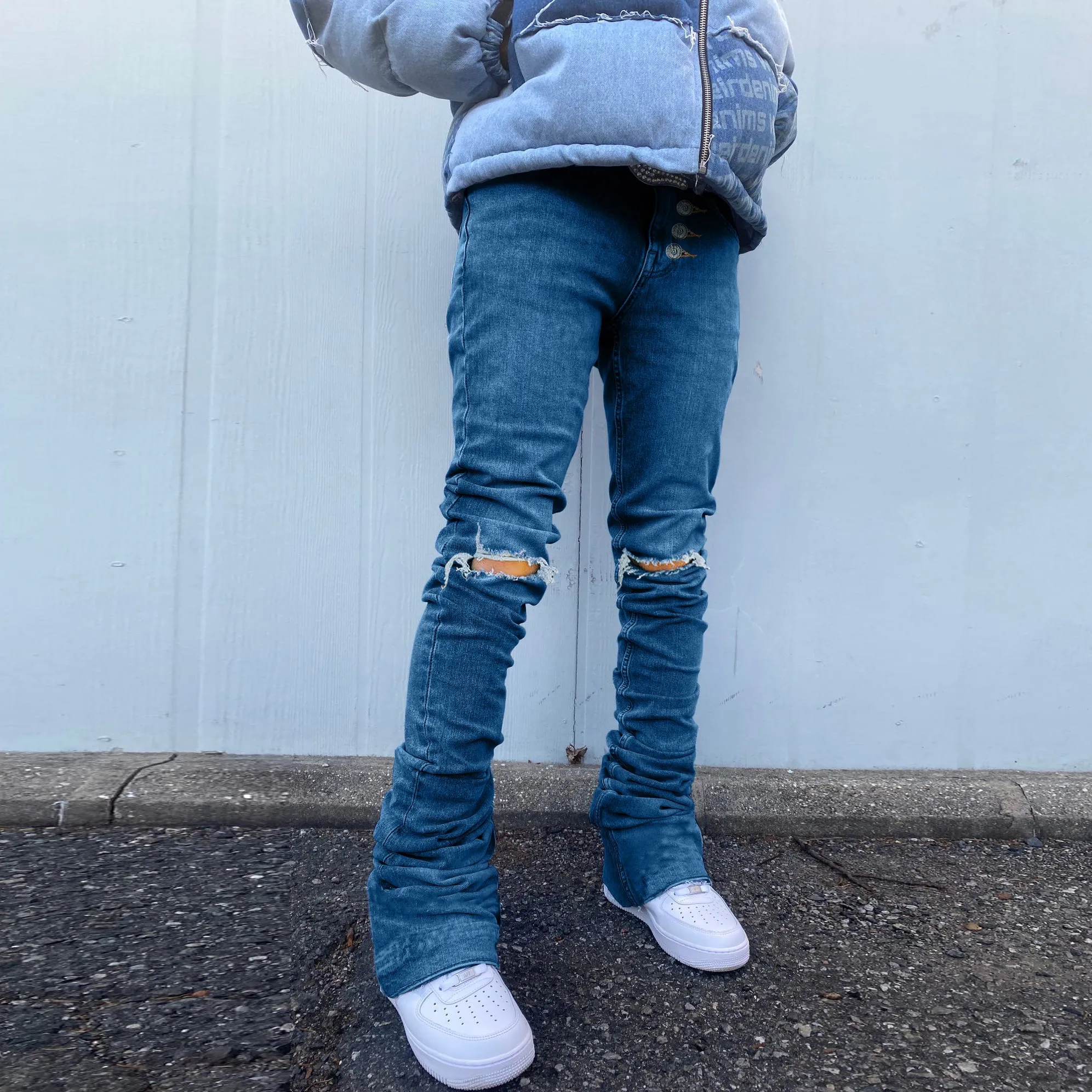 Single-breasted button fashion slim-fit ripped flared denim trousers