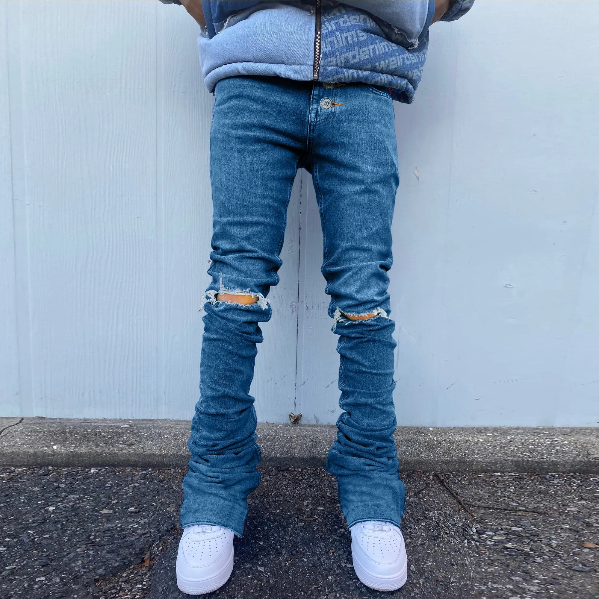 Single-breasted button fashion slim-fit ripped flared denim trousers