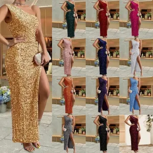 single shoulder slit dress
