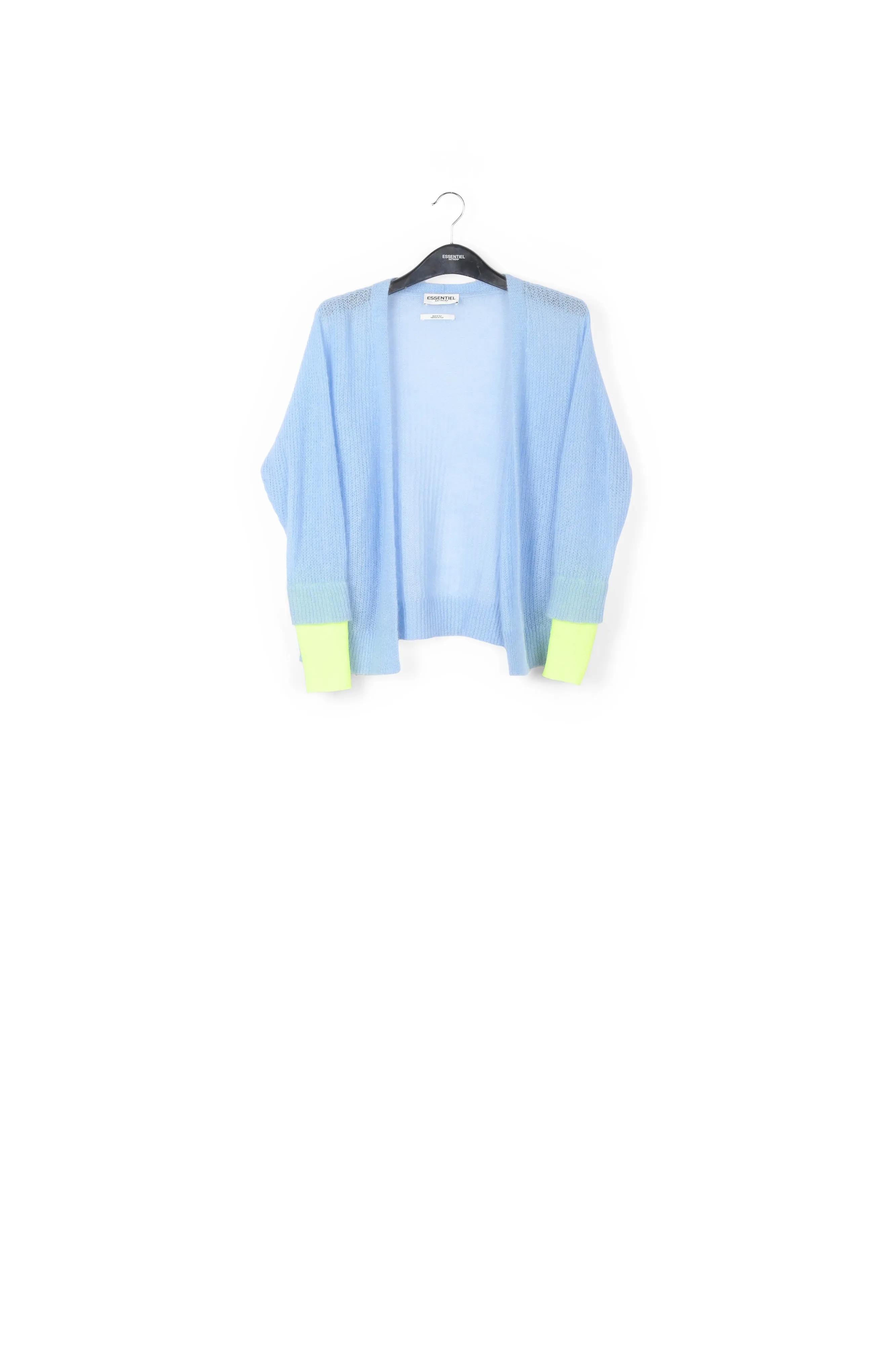 Sky blue mohair-blend cardigan with neon cuffs
