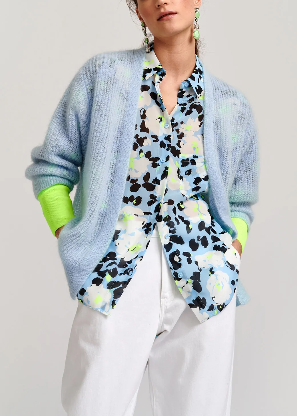 Sky blue mohair-blend cardigan with neon cuffs