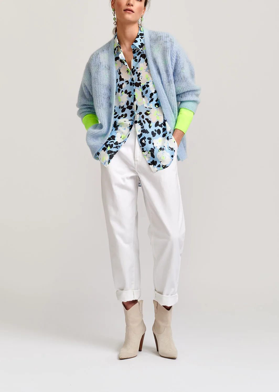 Sky blue mohair-blend cardigan with neon cuffs