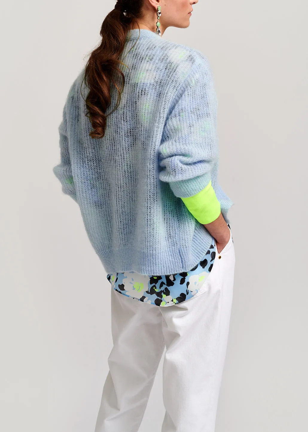 Sky blue mohair-blend cardigan with neon cuffs