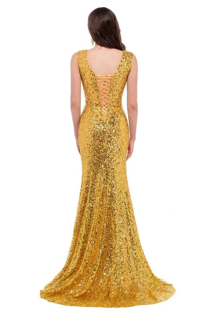 SLEEVELESS DEEP V-NECK SEQUIN FISHTAIL FORMAL DRESS