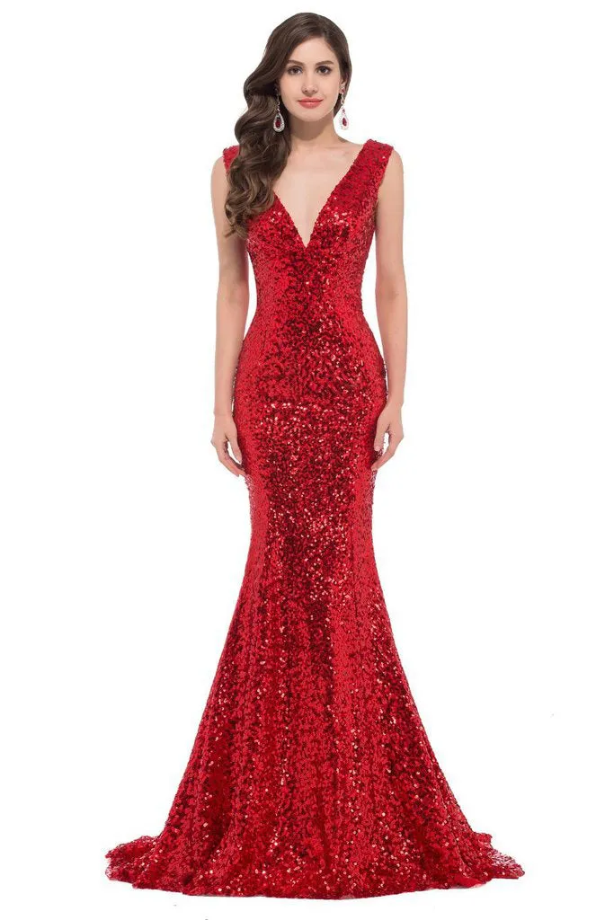 SLEEVELESS DEEP V-NECK SEQUIN FISHTAIL FORMAL DRESS